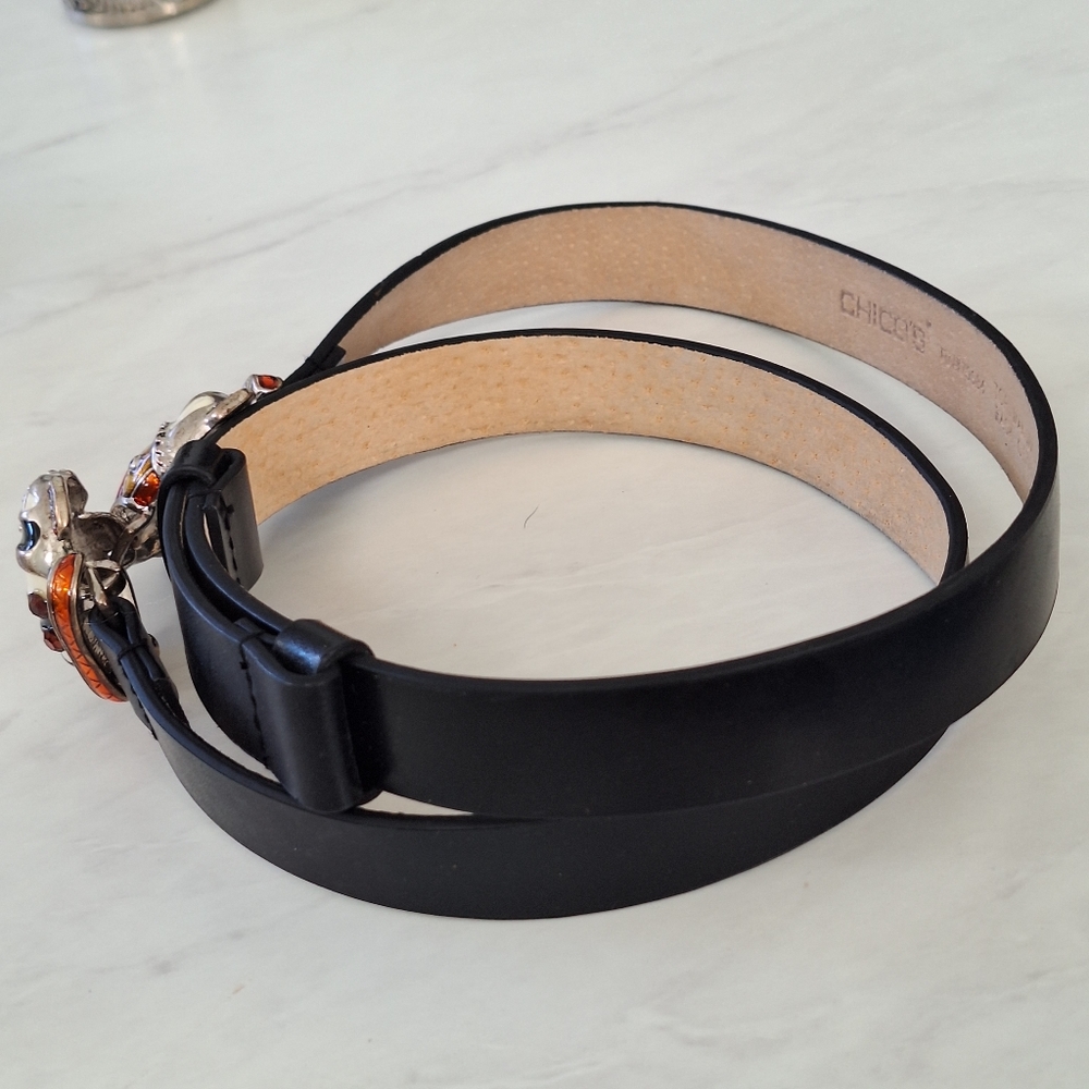 Chicos Black Belt w/ Whimsical Fish Buckle Statement Fashion Belt M/L - Picture 5 of 6